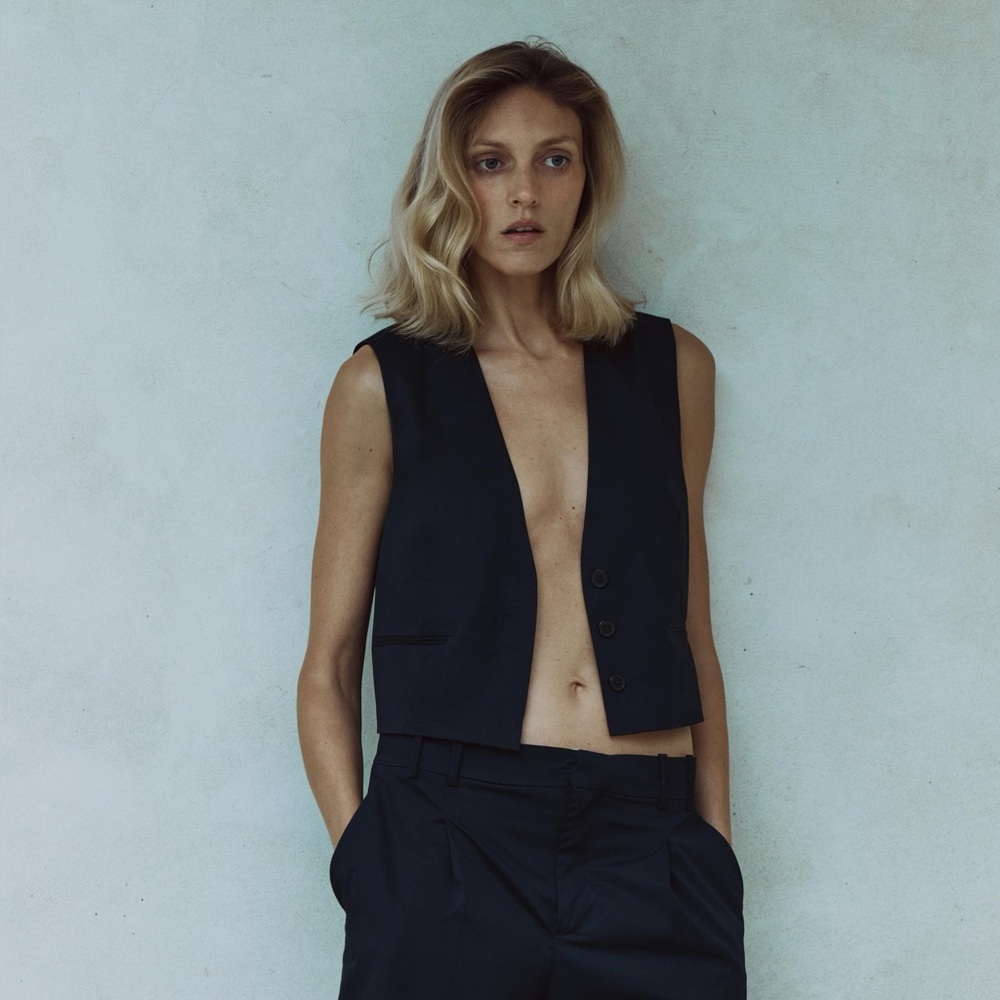 ZARA TAILORED NAVY BLUE COTTON VEST ZW COLLECTION L